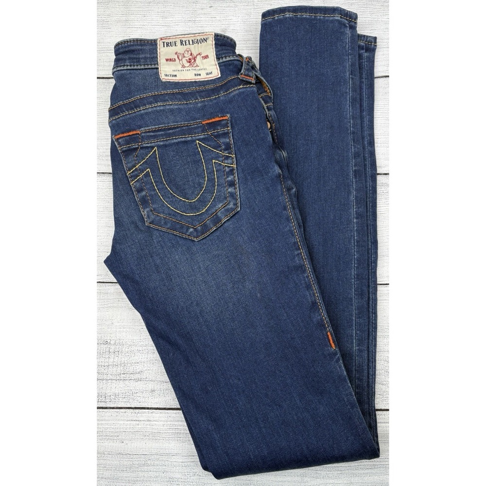TRUE RELIGION Jeans Womens 26 Stella‎ Skinny Dark Wash Orange Stitch Low Rise